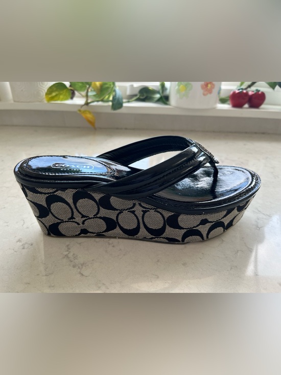 Coach Shoes - COACH “Nella” Patent Leather and Jacquard, Platform Thong Sandal, Size 8.5